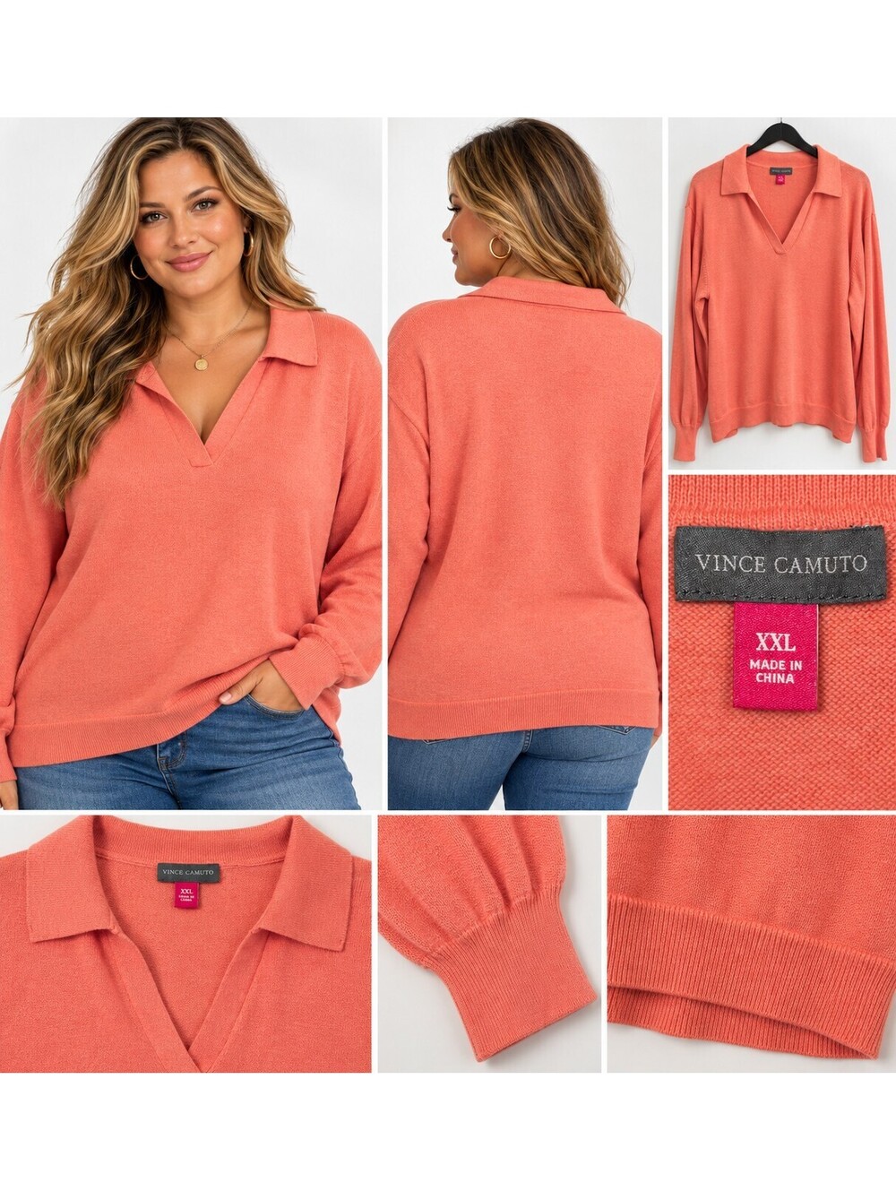 Vince Camuto XXL Ocean Coral Collared V Neck Lightweight Knit Sweater